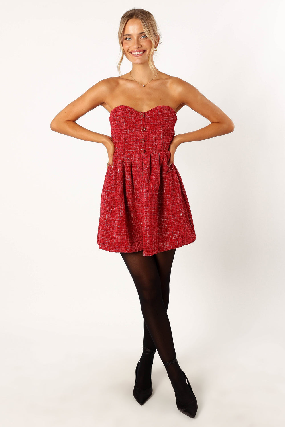 red strapless mini dress